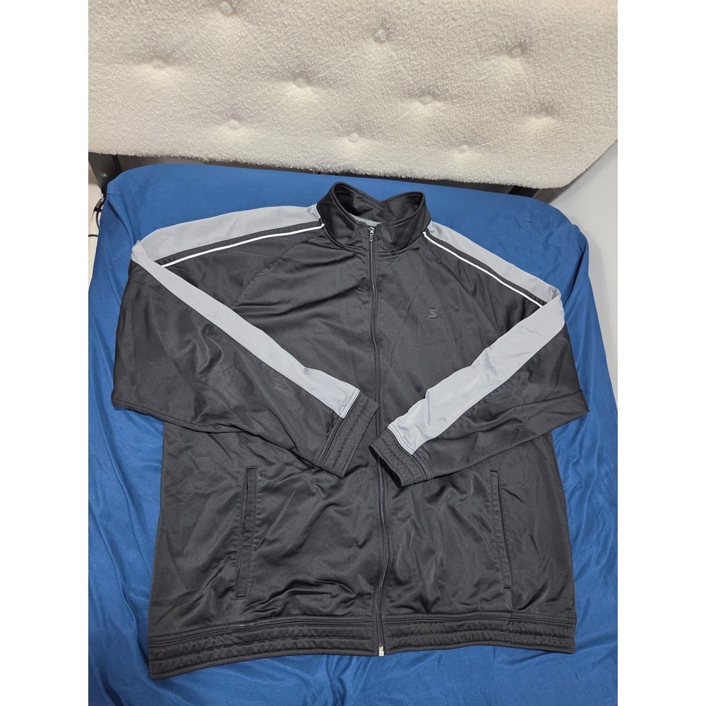 Starter Track Jacket Mens 2XL Black Grey Full Zip Athletic Sportswear Piping